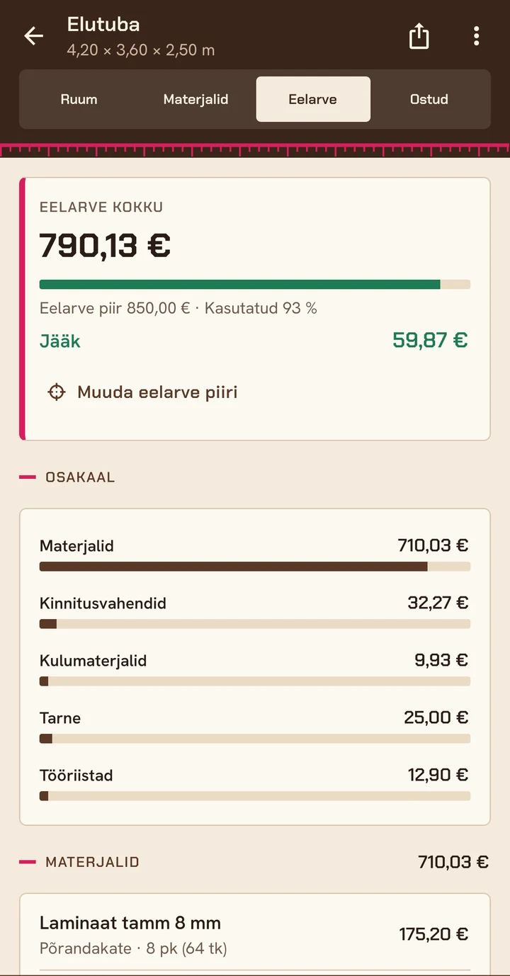 Eelarve vaade: eelarve kokku 790,13 €, eelarve piir 850,00 €, kasutatud 93 %, jääk 59,87 € ning kulude osakaal materjalideks, kinnitusvahenditeks, kulumaterjalideks, tarneks ja tööriistadeks.