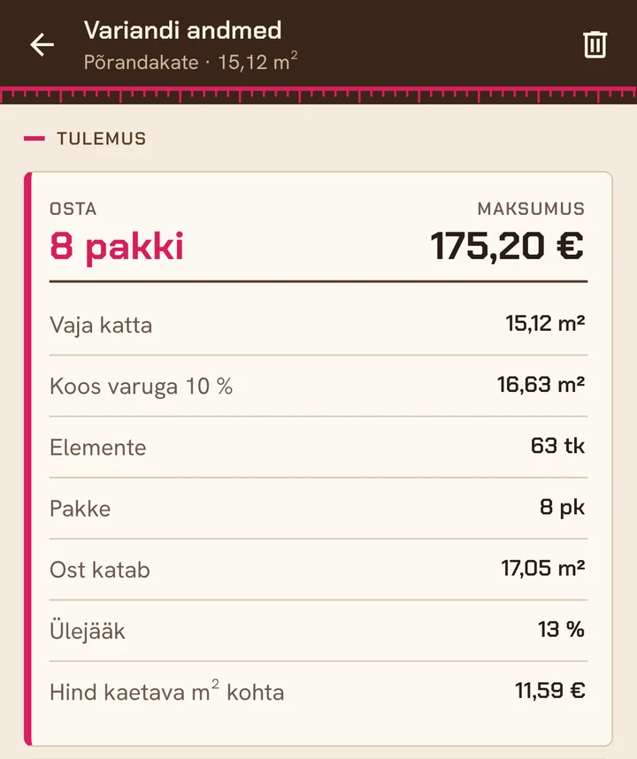 Laminaadi arvutuse tulemus: osta 8 pakki, maksumus 175,20 €, vaja katta 15,12 m², koos varuga 16,63 m², 63 elementi, ost katab 17,05 m², ülejääk 13 %.